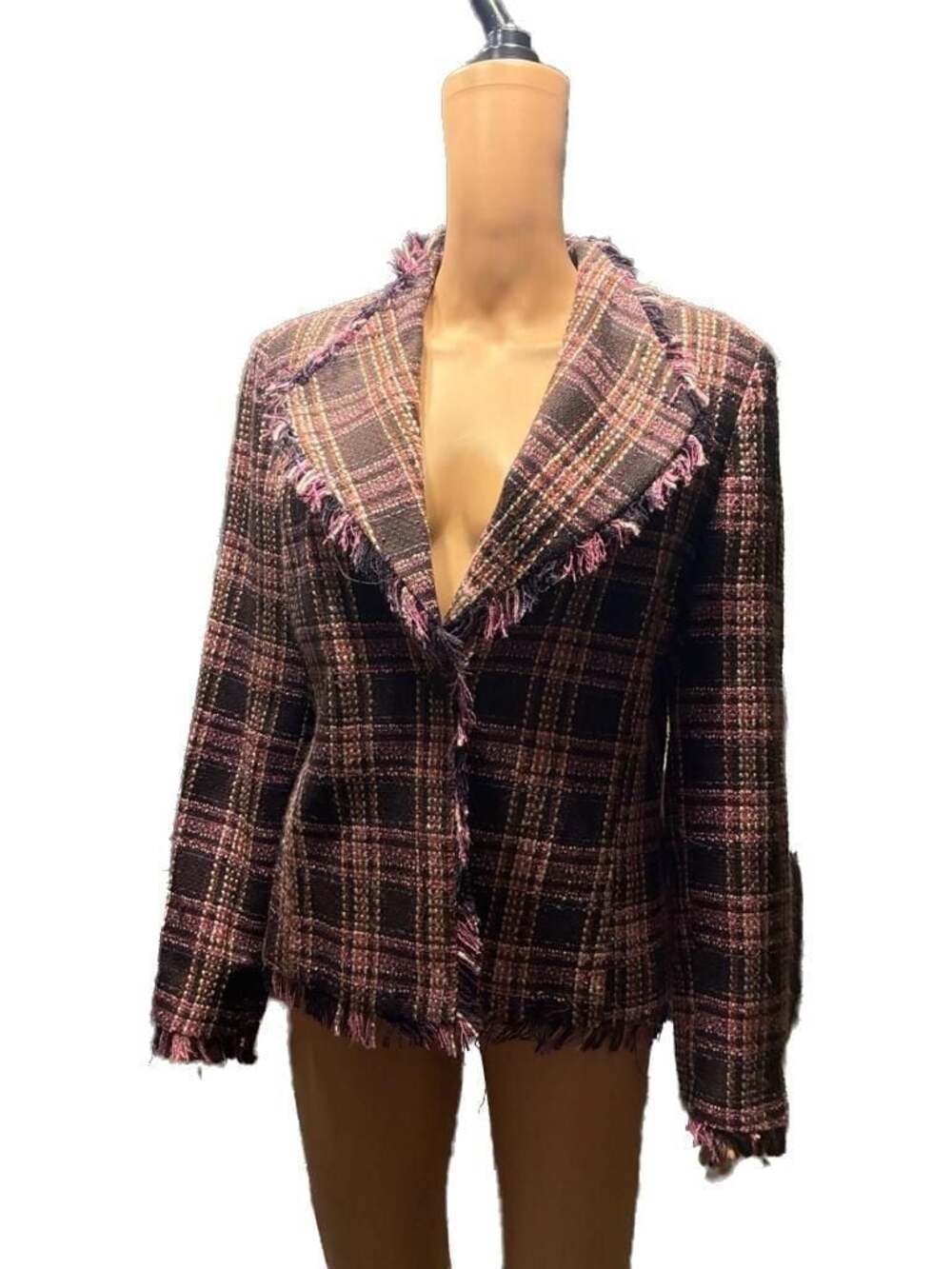 Hannah Women's Plaid Tweed Fringe Blazer Jacket Size 8